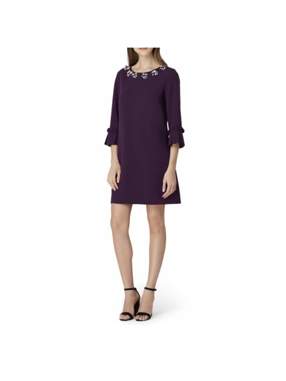 Tahari ASL Embellished Neck Stretch Crepe Mini Dress Pleated Bell Sleeves 10 - Picture 2 of 13